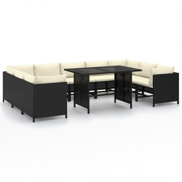 10 pcs conjunto lounge de jardim c/ almofadões vime PE preto D