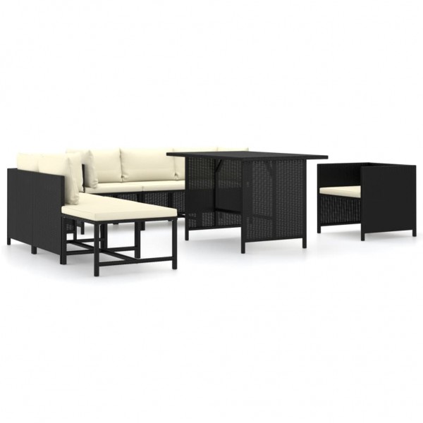 8 pcs conjunto lounge de jardim c/ almofadões vime PE preto D