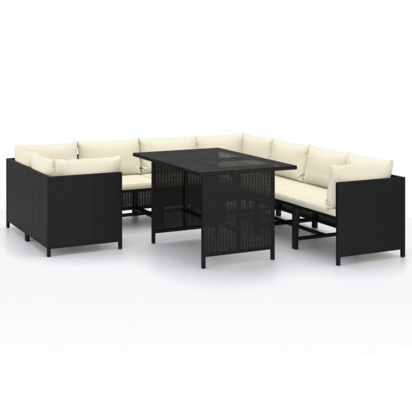 Set de muebles de jardín 9 pzas y cojines ratán sintético negro D