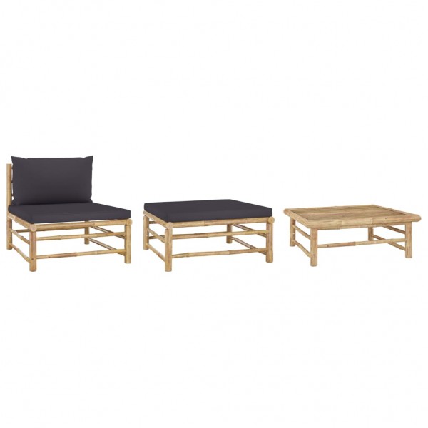 3 pcs conj. lounge jardim em bambu c/ almofadões cinza-escuro D