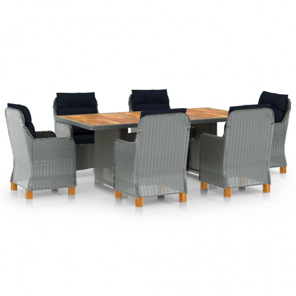 Set comedor jardín 7 pzas y cojines ratán sintético gris claro D