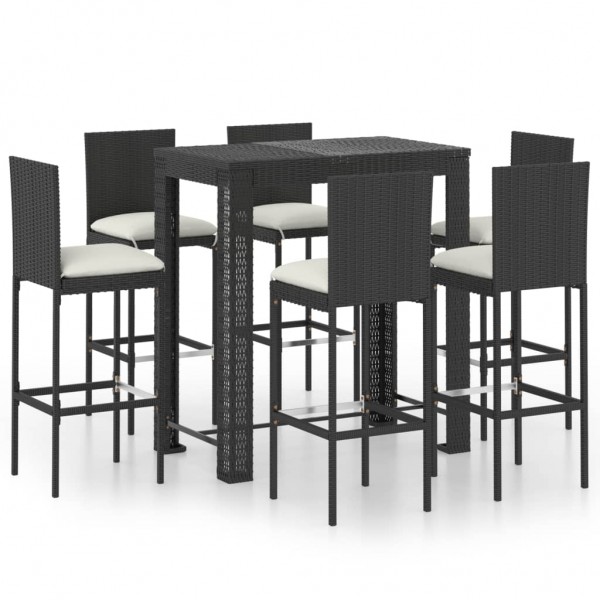 7 pcs conjunto de bar p/ exterior c/ almofadões vime PE preto D