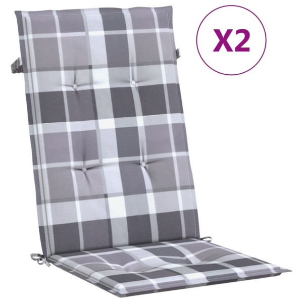 Cojín silla jardín respaldo alto 2 uds cuadros gris 120x50x3 cm D