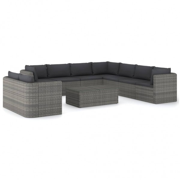 Set de muebles de jardín 10 pzas ratán sintético y cojines gris D