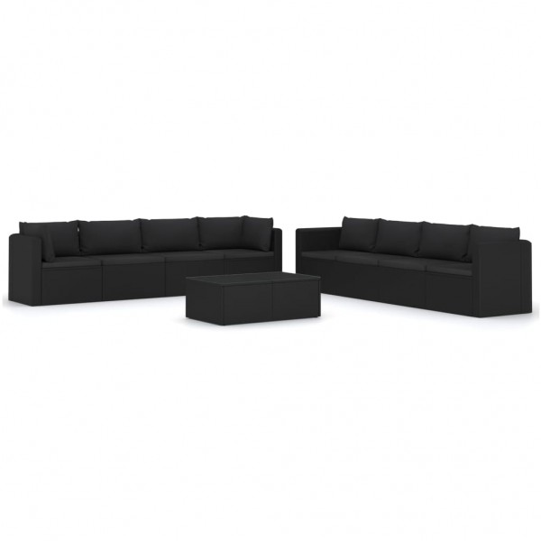 Set muebles de jardín 9 piezas y cojines ratán sintético negro D