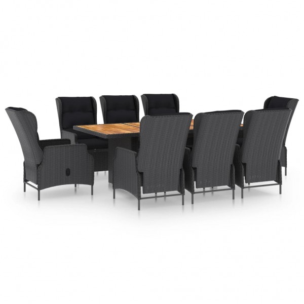Set comedor jardín 9 pzas y cojines ratán sintético gris oscuro D