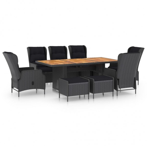 9 pcs conj. jantar exterior c/ almofadões vime PE cinza-escuro D