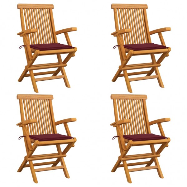 Sillas de jardín 4 uds madera teca con cojines rojo tinto D