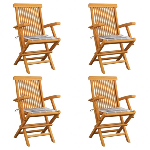 Sillas de jardín 4 uds madera teca con cojines a cuadros grises D