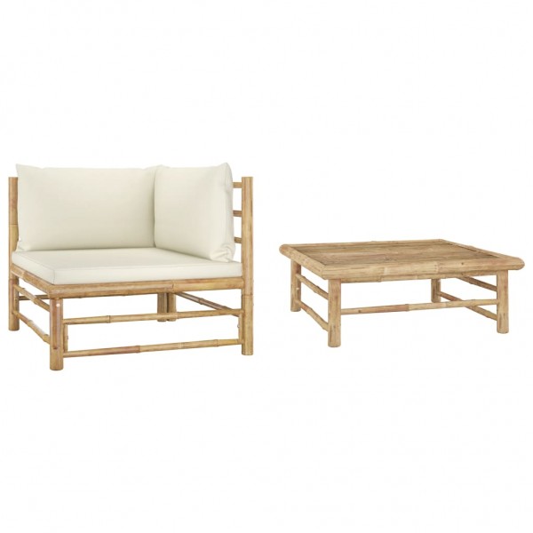 2 pcs conj. lounge p/ jardim em bambu c/ almofadões branco nata D