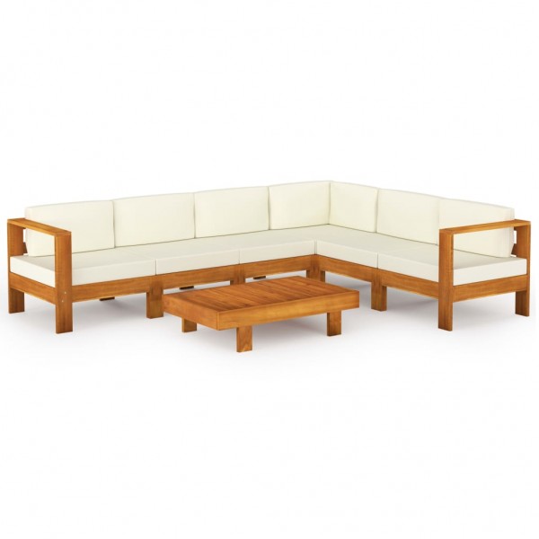 7 pcs conj. lounge de jardim c/ almofadões branco nata acácia D