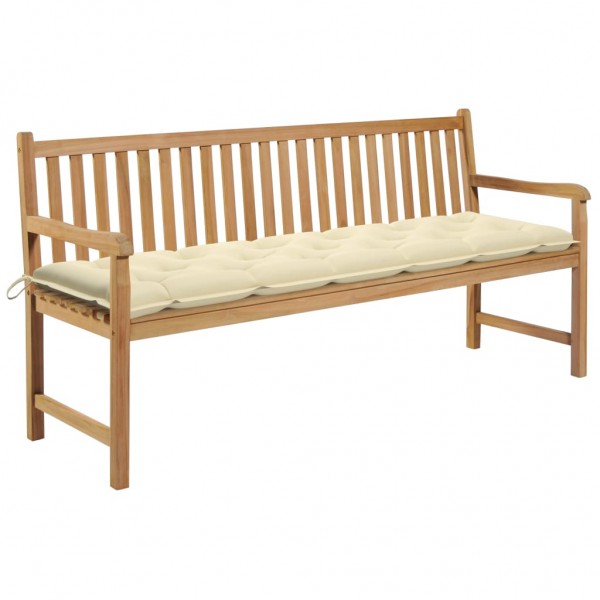 Banco de jardín madera maciza teca con cojín blanco crema 175cm D