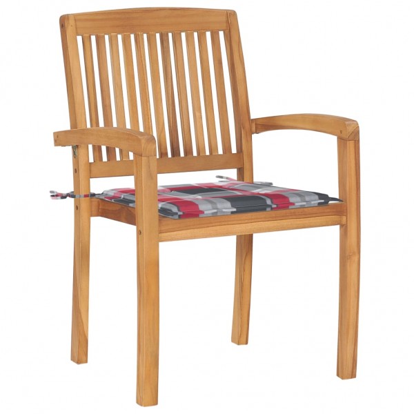 Cadeiras jardim c/ almofadões xadrez vermelho 2 pcs teca maciça M 2