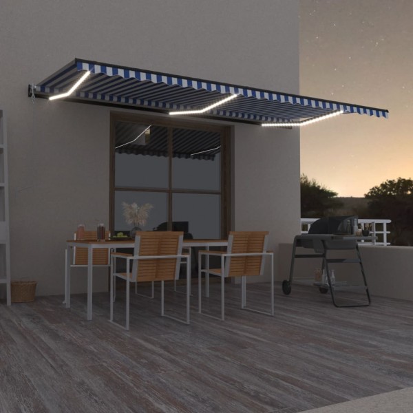 Toldo automático LED sensor de viento azul y blanco 600x300 cm D