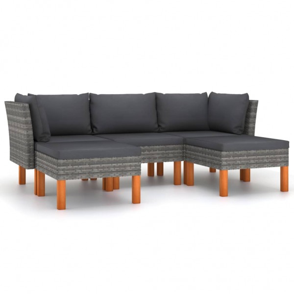5 pcs conjunto lounge de jardim c/ almofadões vime PE cinzento D