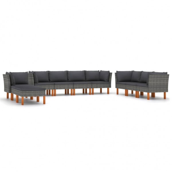 10 pcs conjunto lounge de jardim c/ almofadões vime PE cinzento D
