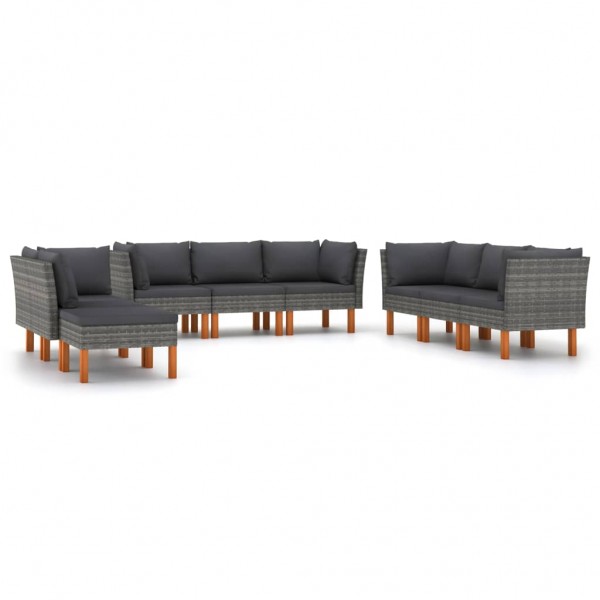 Set de muebles de jardín 9 pzas y cojines ratán sintético gris D