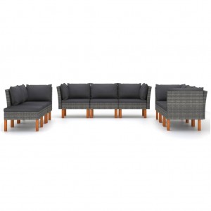 9 pcs conjunto lounge de jardim c/ almofadões vime PE cinzento H