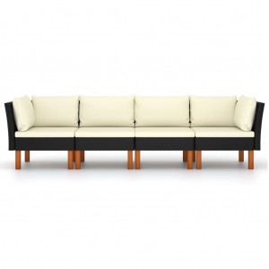 Sofá de jardim 4 lugares com almofadões vime PE preto H