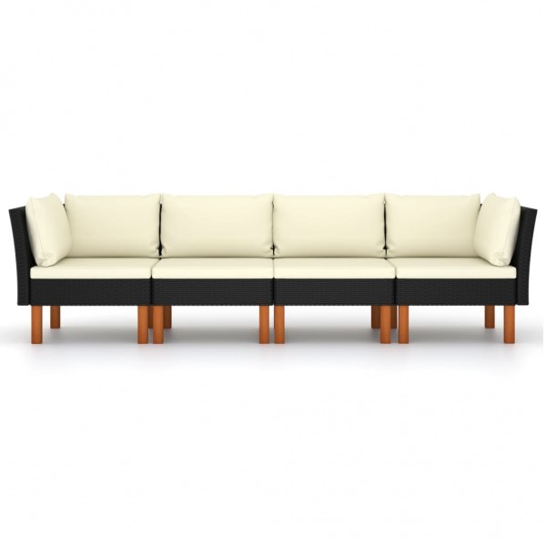 Sofá de jardim 4 lugares com almofadões vime PE preto M 2