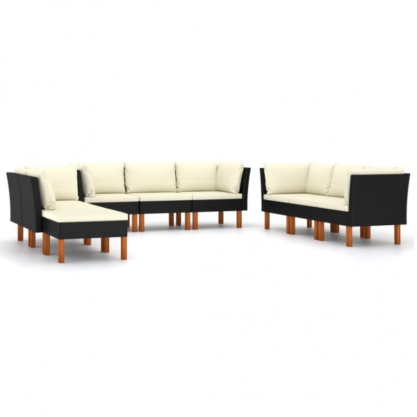 Set de muebles de jardín 9 pzas y cojines ratán sintético negro D