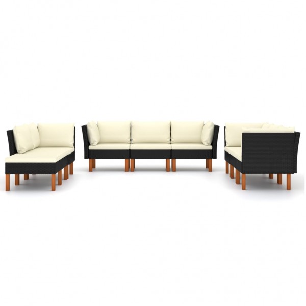 9 pcs conjunto lounge de jardim c/ almofadões vime PE preto M 2