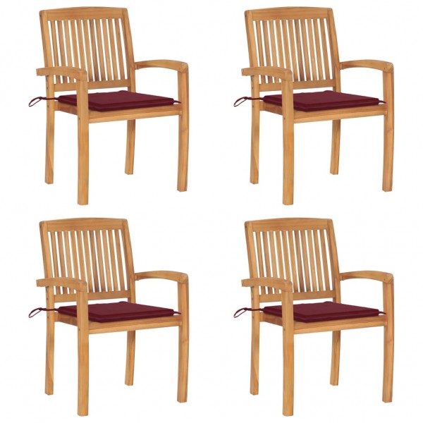 Sillas de jardín apilables 4 uds madera de teca con cojines D