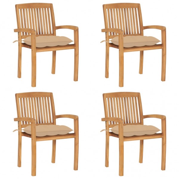 Sillas de jardín apilables 4 uds madera de teca con cojines D