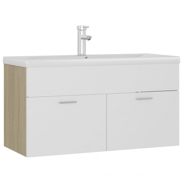 Mueble con lavabo madera de ingeniería blanco y roble Sonoma M 2