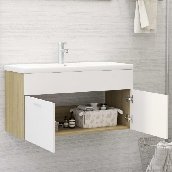 Mueble con lavabo madera de ingeniería blanco y roble Sonoma M 4
