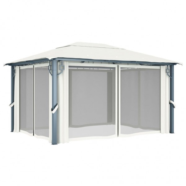 Gazebo com cortinas e cordões de luzes LED 4x3 m alumínio creme M 5