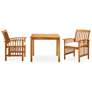 Set comedor de jardín 3 pzas y cojines madera maciza de acacia H
