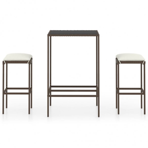 3 pcs conjunto de bar p/ jardim com almofadões vime PE castanho D