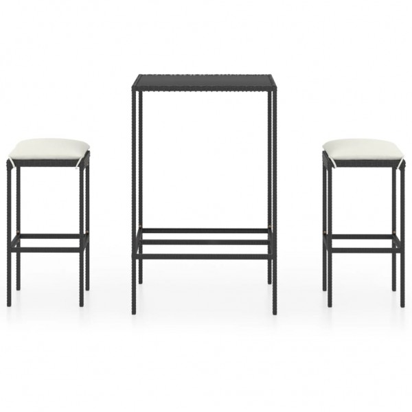 Set muebles bar jardín 3 piezas y cojines ratán sintético negro D