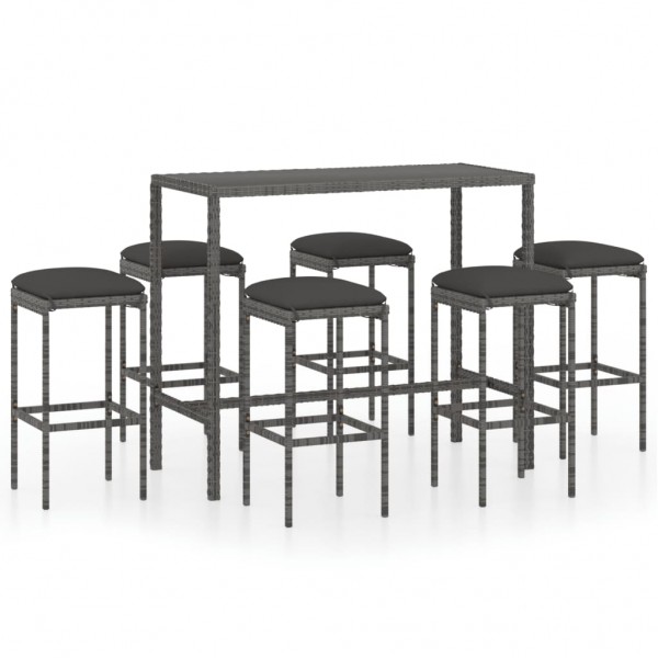 7 pcs conjunto de bar p/ jardim c/ almofadões vime PE cinzento D