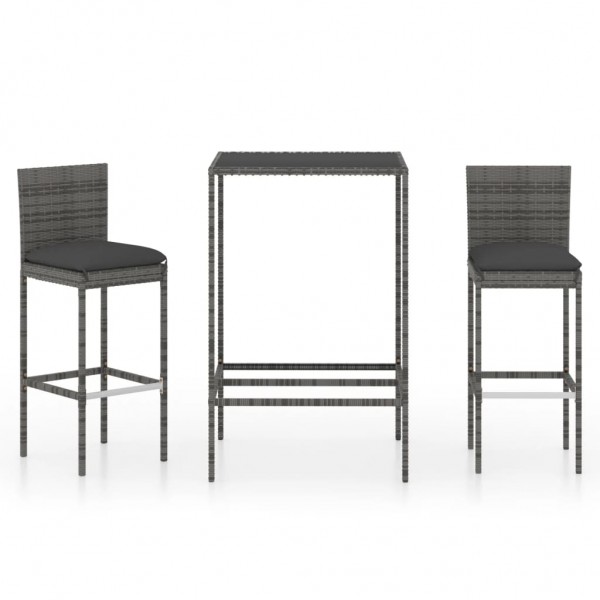 Set muebles bar jardín 3 piezas y cojines ratán sintético gris D