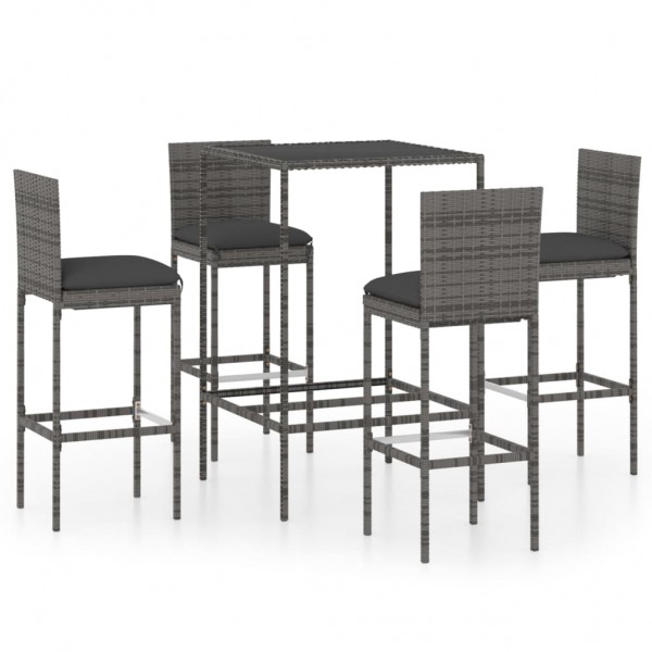 Set muebles bar jardín 5 piezas y cojines ratán sintético gris D