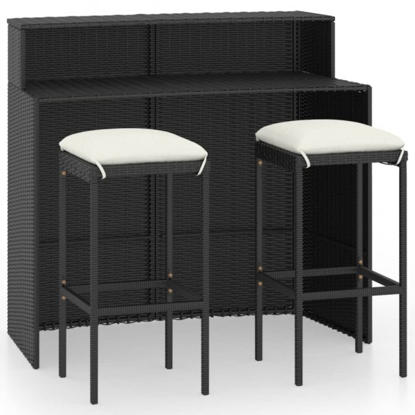 Set muebles de bar para jardín 3 piezas y cojines negro D