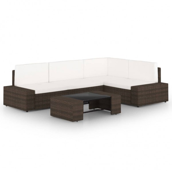 5 pcs conjunto lounge p/ jardim c/ almofadões vime PE castanho D