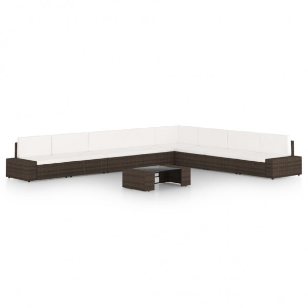 9 pcs conjunto lounge p/ jardim c/ almofadões vime PE castanho D