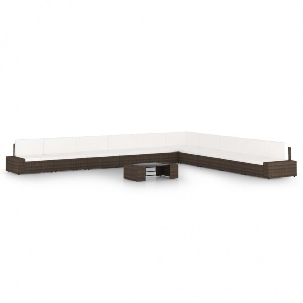 Set muebles de jardín 11 pzas y cojines ratán sintético marrón D