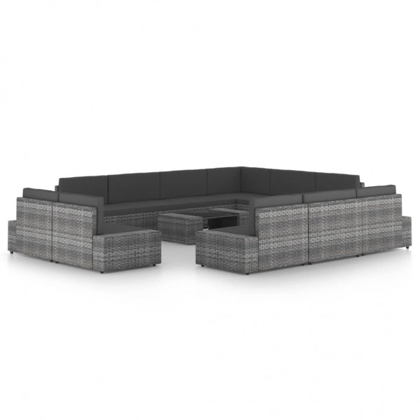 Juego muebles de jardín 12 pzas y cojines ratán sintético gris D