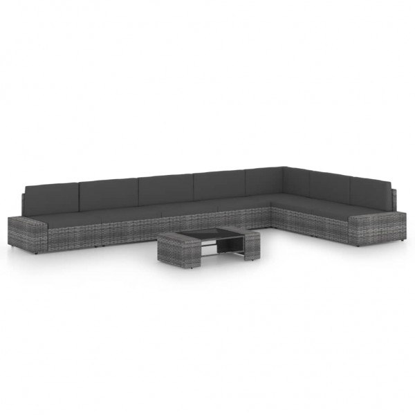 8 pcs conjunto lounge de jardim c/ almofadões vime PE cinzento D