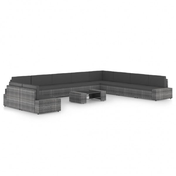 11 pcs conjunto lounge de jardim c/ almofadões vime PE cinzento D