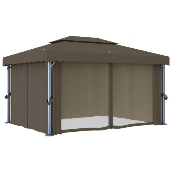 Gazebo com cortinas e cordões de luzes LED 4x3 m cinza-acastan. M 4