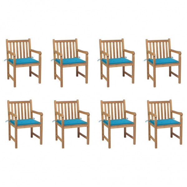 Sillas de jardín 8 uds madera maciza de teca cojines azul D