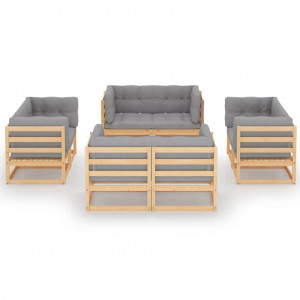8 pcs conjunto lounge de jardim c/ almofadões pinho maciço H