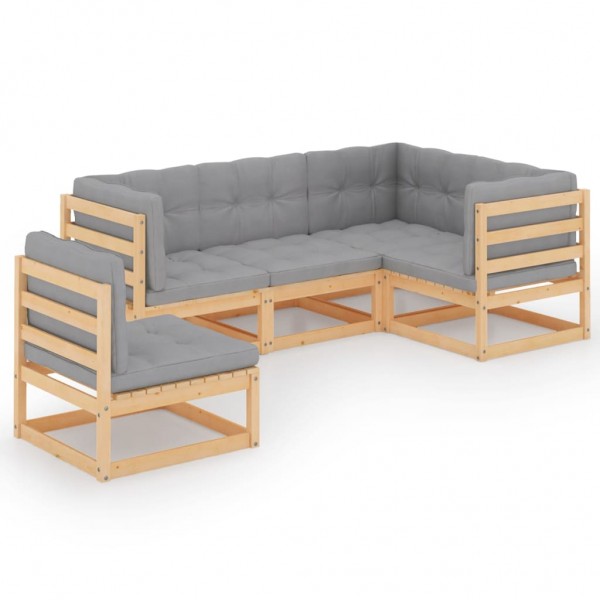 5 pcs conjunto lounge de jardim c/ almofadões pinho maciço D