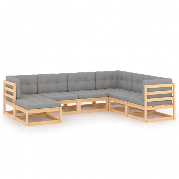 7 pcs conjunto lounge de jardim c/ almofadões pinho maciço D