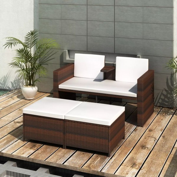 4 pcs conjunto lounge jardim c/ almofadões vime PE castanho D